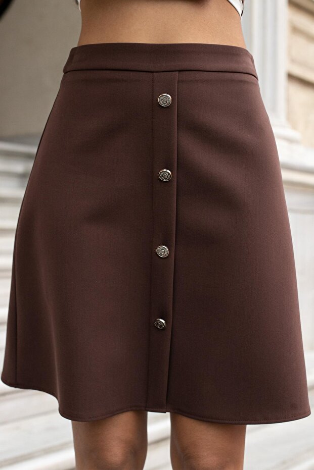 Kadın Yüksek Bel Önü Düğmeli Diz Boy Hafif Esnek Kumaş Çan Etek-Kahve - 6