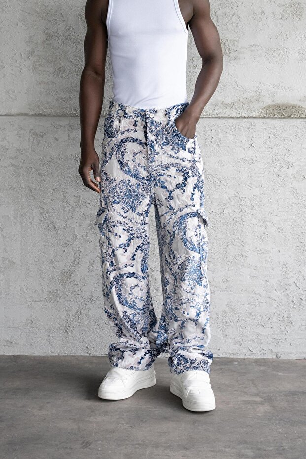 Patterned Jacquard Pants Blue - 2