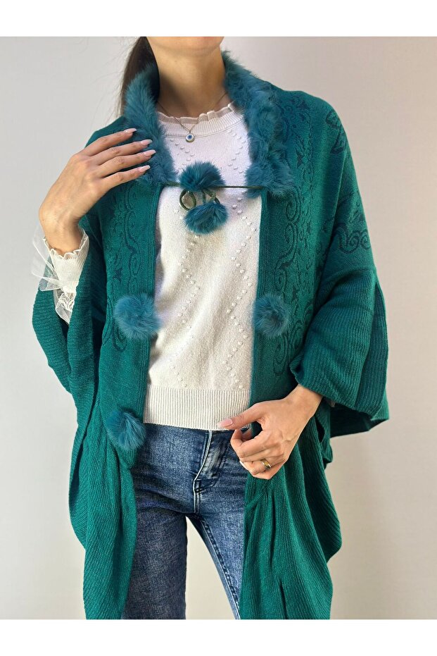 Knitwear Pompom Patterned Soft Women's Poncho
