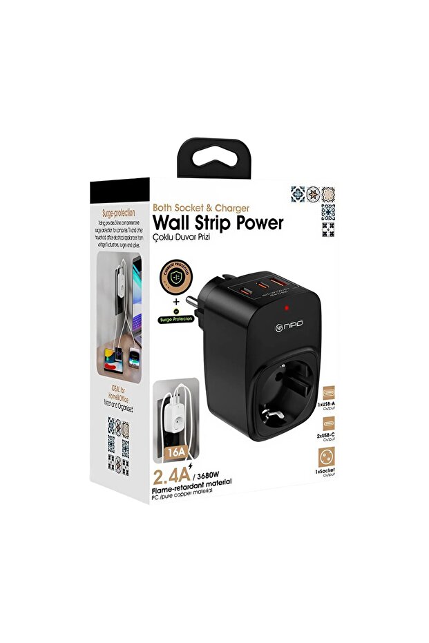 Fulltech24 3680W Yüksek Voltaj/Akım ve Çocuk Korumalı Type-C ve USB Çoğaltıcı Duvar Prizi - 6