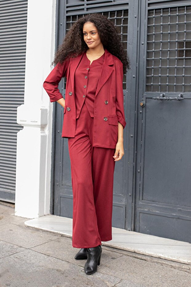 Women's Suede Textured Fabric Collar Capri Sleeve Pocket Flap Blazer Jacket-Burgundy