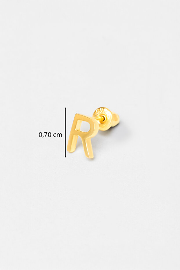 My Story R Harfi 18 Ayar Sarı Altın Kaplama Gümüş Tek Küpe - 3