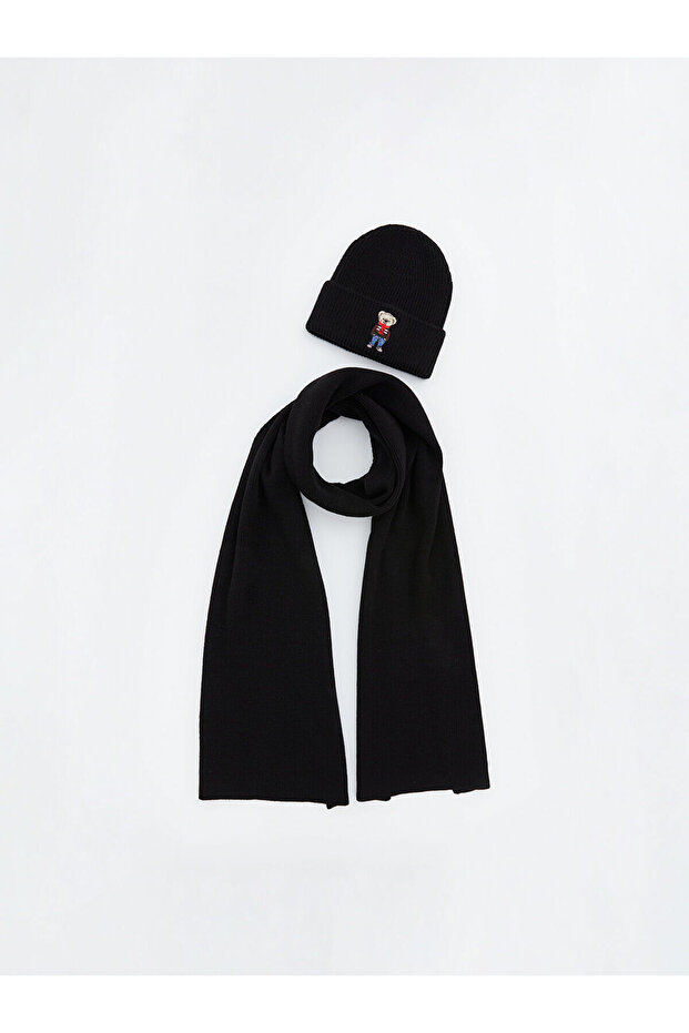 Lcw Accessories Black Bear Teddy Embroidered Men's Scarf and Beanie