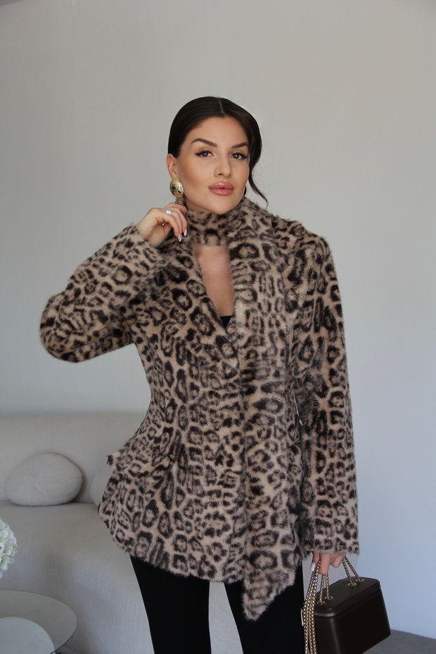 Leopard Patterned Shawl Detailed Lined Premium Design Double-Breasted Fur Coat