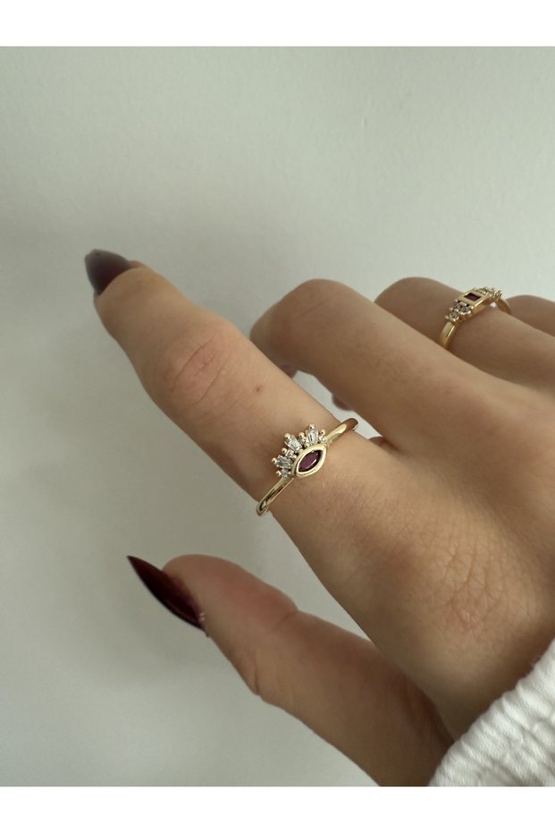 Pink Zircon Stone Tarnish-Free Steel Gold Eye Detail Ring