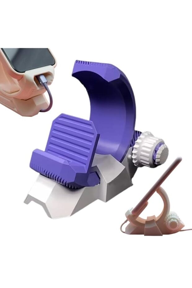 3D Printed Herringbone Gear Phone Stand - Adjustable Angle (15°-75°) with USB Rechargeable Base | Universal Smartphone Holder for Desk/Office/Home, Compatible with iPhone & Android (Purple, Anti-Slip
