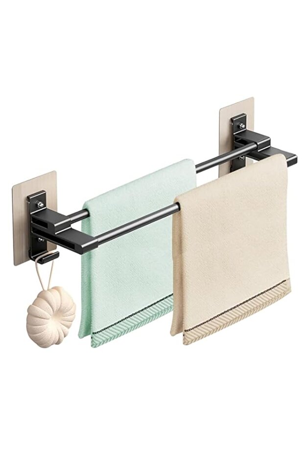 2 Tier Self-Adhesive Towel Rail, No Drilling Wall Mounted Towel Holder, 40CM Double Rod Towel with 2 Hooks for Bathroom Kitchen, Anti Rust Aluminum, Silver