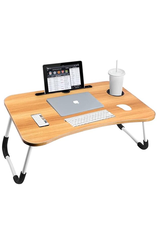 Sky-Touch Portable Folding bed Table, Laptop Desk With ipad and Cup Holder Adjustable Lap Tray Notebook Stand,Foldable Non-slip Legs Reading Table Tray for working,studing,camping 60×40×28cm Beige