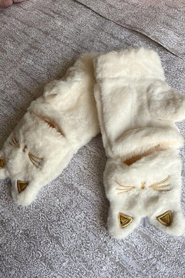 Plush Cat Embroidered Gloves with Open Fingers and Fur Inside