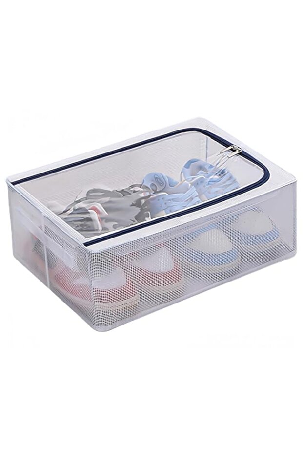 Stackable Storage Boxes with Clear Lids, 16-Inch Shoe Organizer with Metal Frame for Sneakers, Boots, and Shoes, shoe Organizer, Foldable Closet Storage Bin with Zippered Lid (1 Pack)