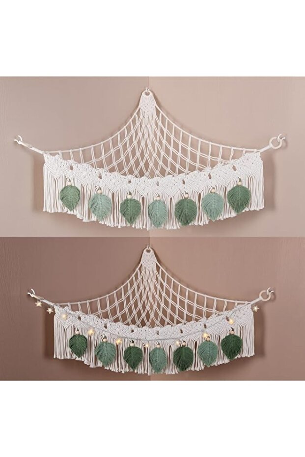 Macrame Toy Hammock with LED Light, Unique Leaf Design, Triangular, Green, Cotton, Kids Room Storage, Hanging Storage Nets, Boho Nursery Decor