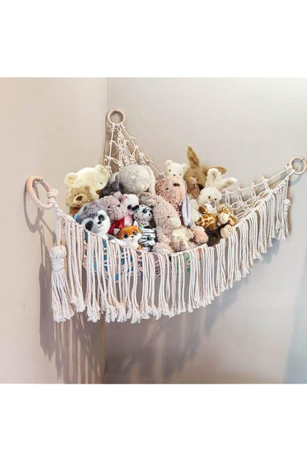 Stuffed Animal Toy Hammock Macrame, Corner Toy Corner Hammock Organizer Display Holder Net for Hanging Stuff Animals