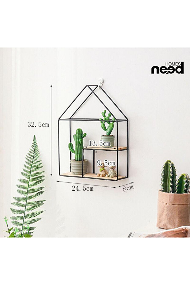 Decorative wall shelf in the shape of a house with a metal frame and wooden shelves - 2