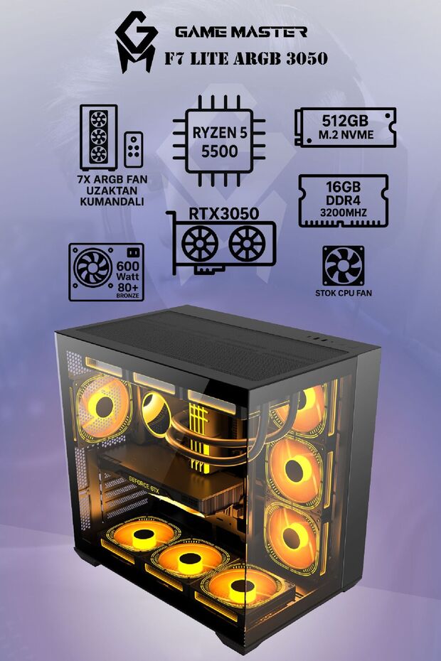 F7 Lite ARGB RTX3050 Ryzen 5 5500 CPU 16GB DDR4 RAM 512GB M2 SSD RTX3050 6GB 7x ARGB Fanlı Gaming PC - 3