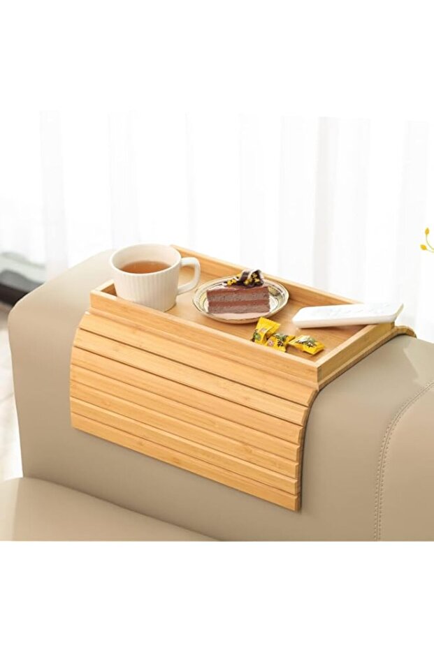 Last page® Bamboo Sofa Armrest Tray, Foldable Sofa Armrest Tray Side Table, Anti-Fall Armrest Table - 1