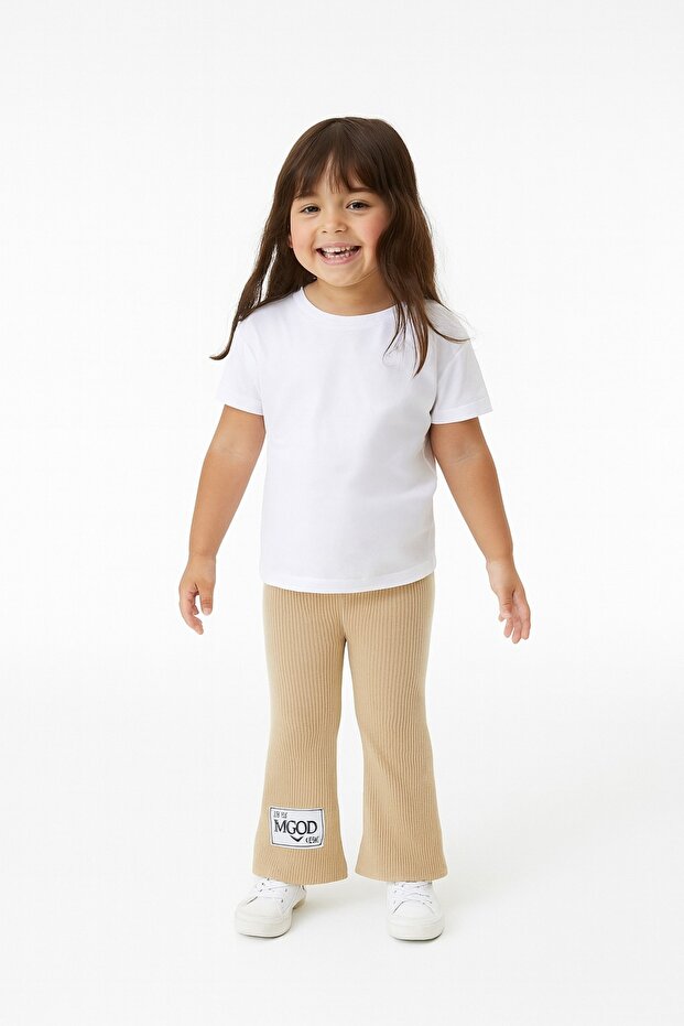 Girl's Beige Knitwear Leggings with Spanish Leg