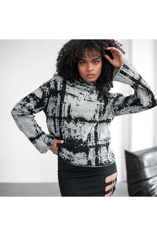 Collarless Jacquard Knitwear Gray Colored Long Sleeve Sweater