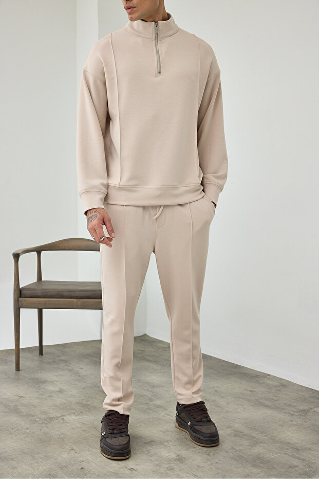 Premium Men's Modal Fabric Half-Zip Mock Neck Greenish Beige Top and Bottom Set Ls-87009