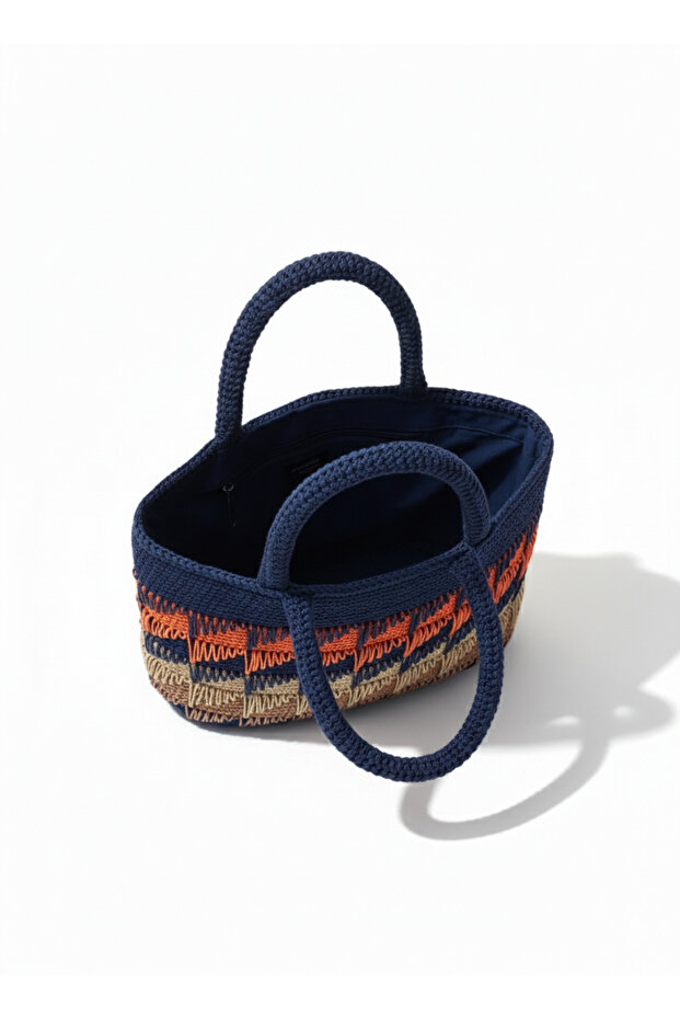 El Örgüsü Renk Blok Hasır Görünümlü Kağıt İp Çanta | %100 El Yapımı & Bohem Tarz - 2