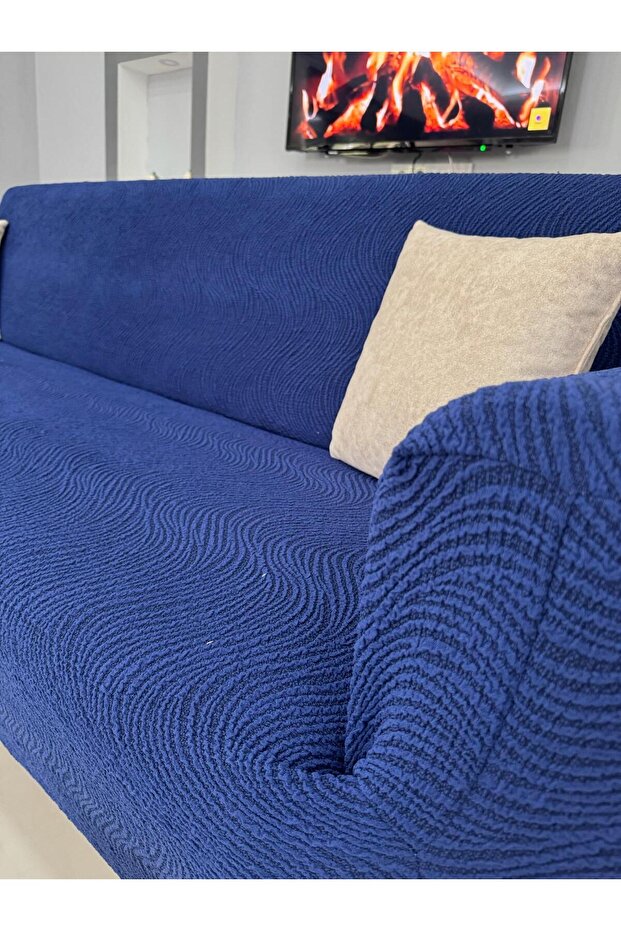 Jakarlı 3 3 1 1 Koltuk Örtüsü Takımı, Esnek Kumaş Lastikli - 4