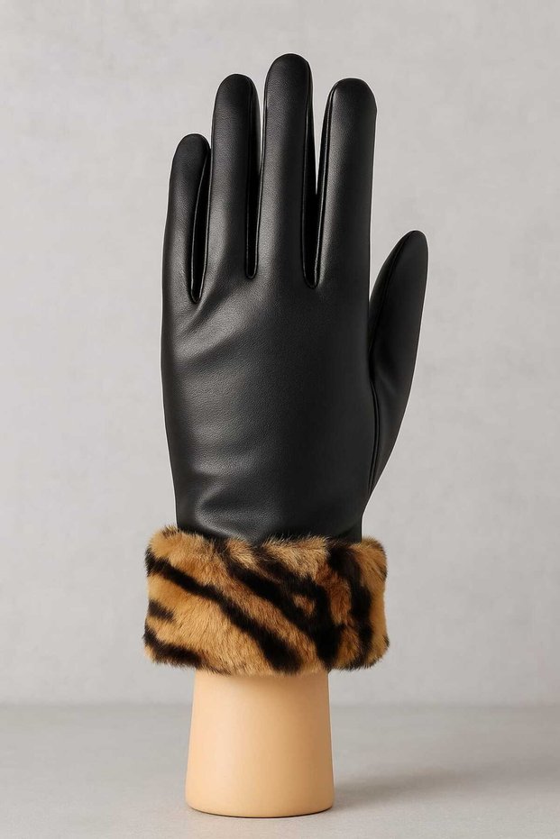 Vegan Leather Women's Gloves – Stylish Zebra Wrist Detail, Warm Winter Model Modern Urban Style