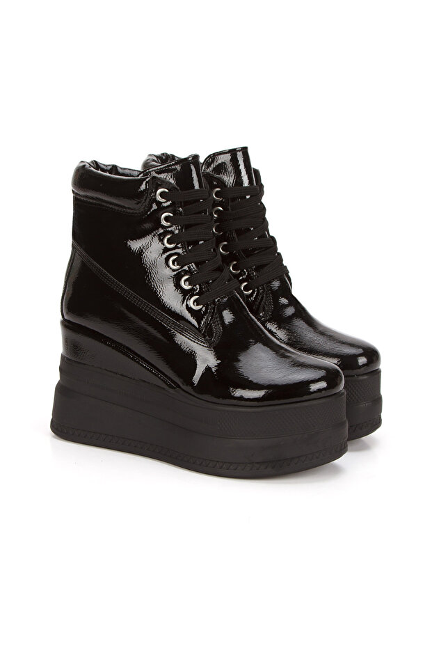 Wedge Heel Women's Black Patent Leather Boots Lace-Up High Sole