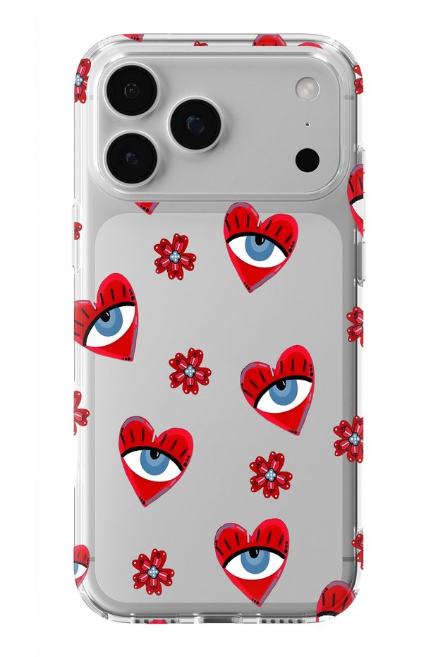 iPhone 18 Pro Max Compatible Transparent Phone Case with Heart and Evil Eye Pattern