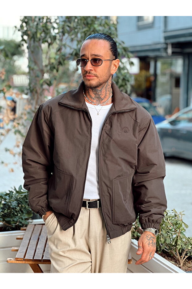 Göğüs Nakışlı Oversize Mont kahve - 1