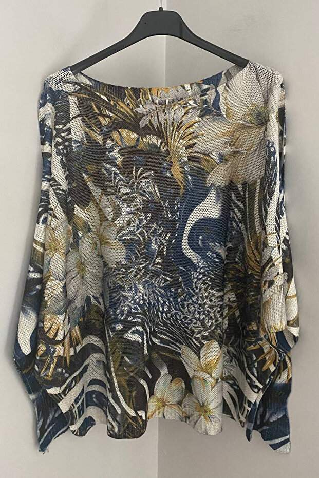 Women's Italian Navy Blue Glittery Haunted Forest Patterned Batwing Sleeve Mercerized Blouse Sweater