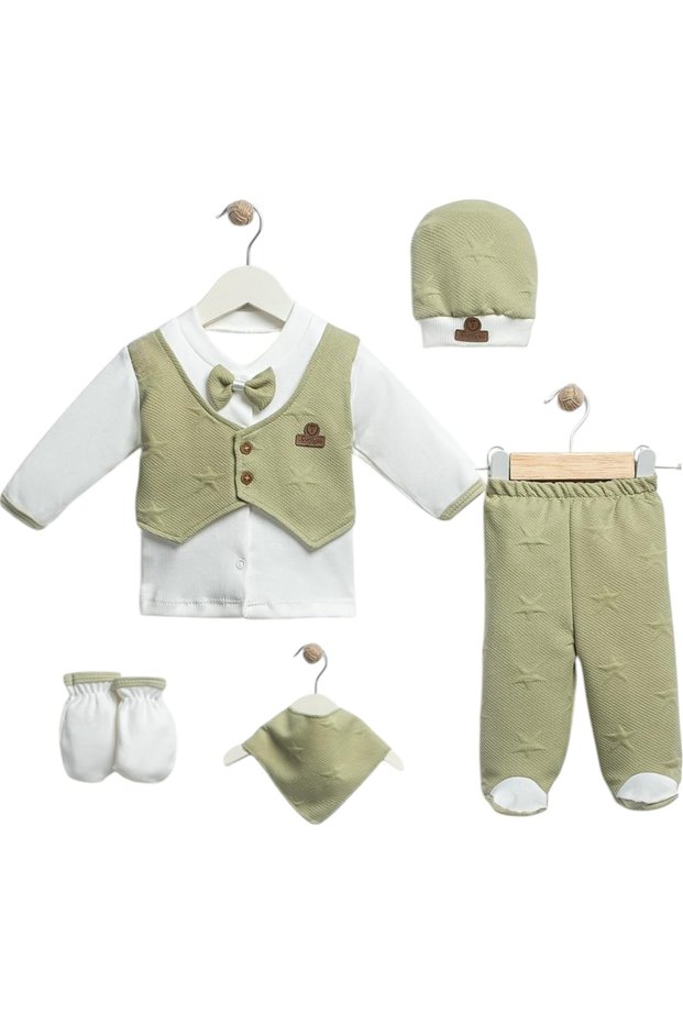 Organic Cotton Baby Boy Set of 5 – Bow Tie, Vest Set , Hat, Natural Fabric, Green