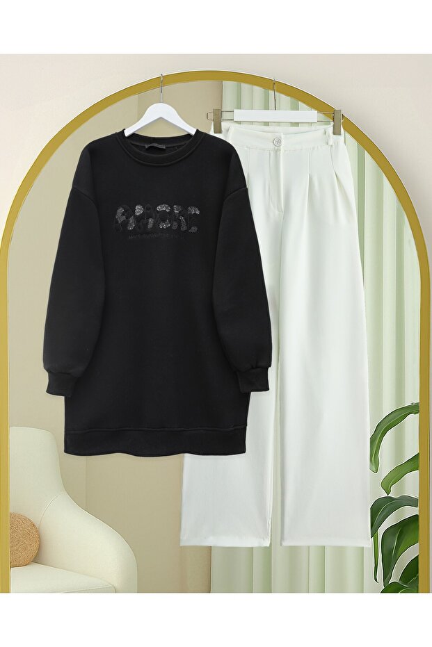 Three Thread Sweater with Sequin Detail and Script on the Front - Black - 2