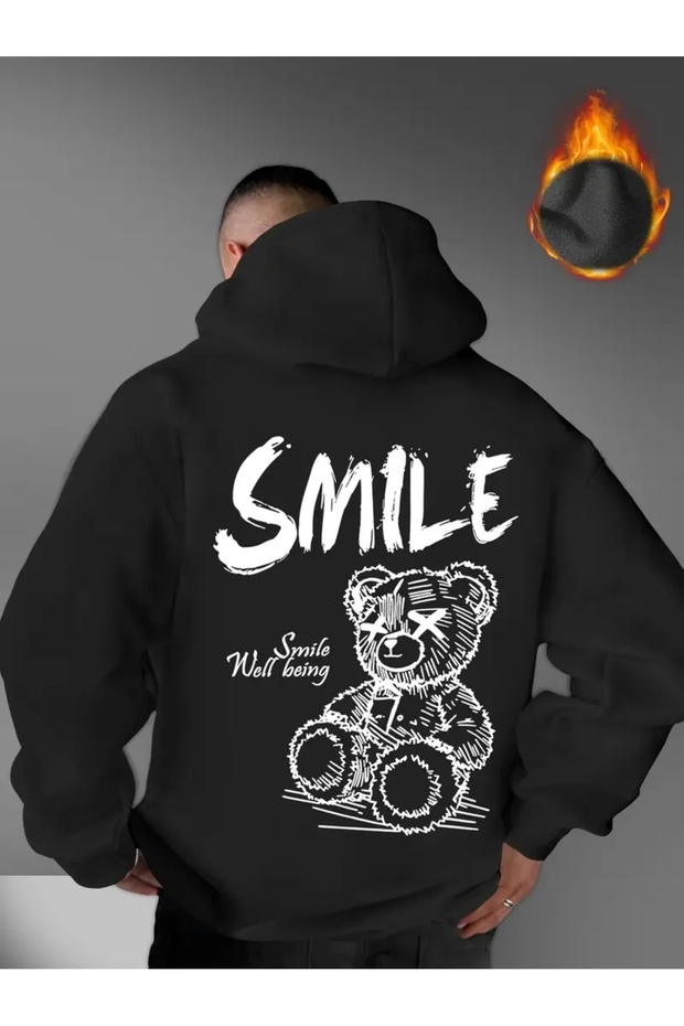 Unisex Oversize Smile Written Hoodie - Trendy Streetwear Hooded Sweatshirt Black