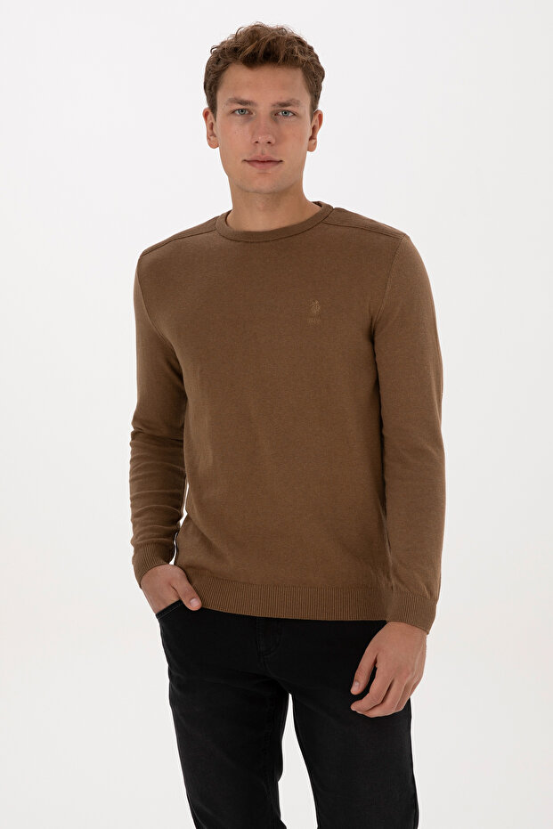 Men's Slim Fit Crew Neck Khaki Melange Basic Sweater 50307779-Vr125