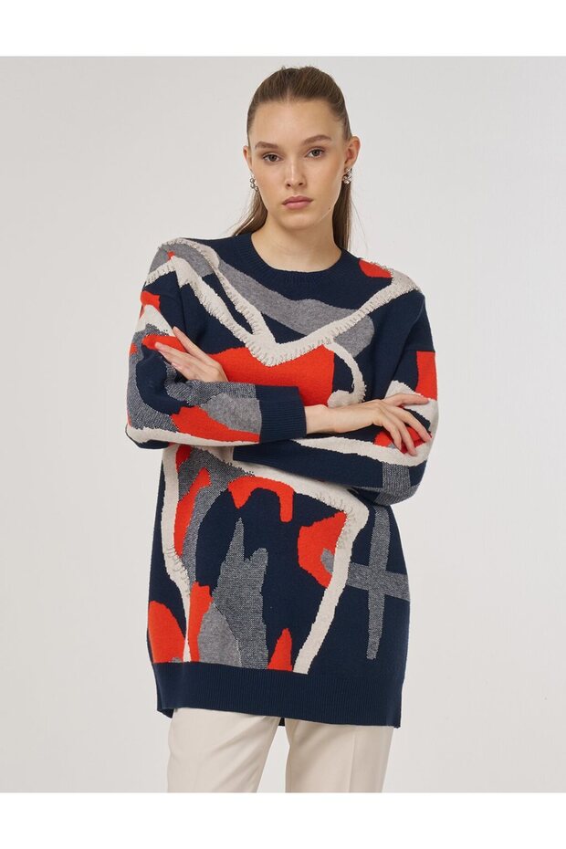 Soyut Desen Triko Tunik Koyu Lacivert - 1