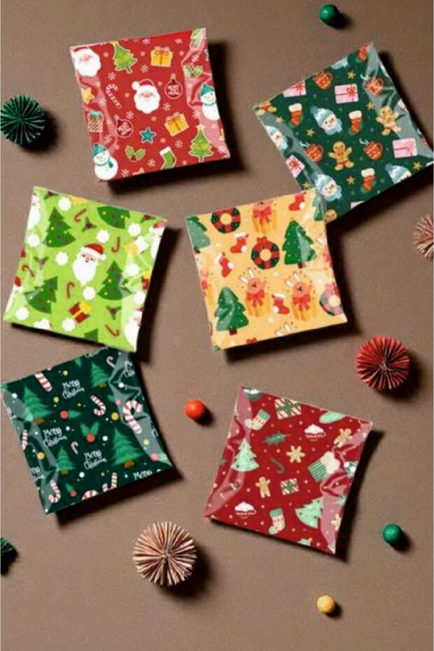 Yılbaşı Desenli Bantlı Şeffaf Poşet 12 Adet (10*10 cm) - 2