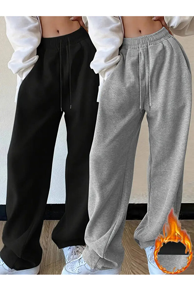 (2 Pieces) Straight-Leg Sweatpants Black-Grey