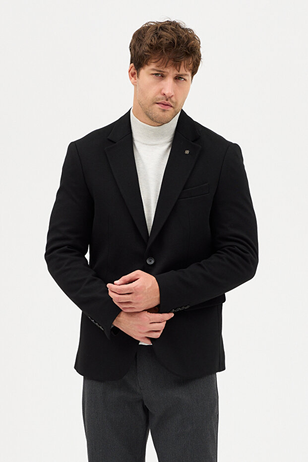 Covin Men's Black Flexible Cotton Blend Mono Collar Slim Fit Sports Blazer Jacket