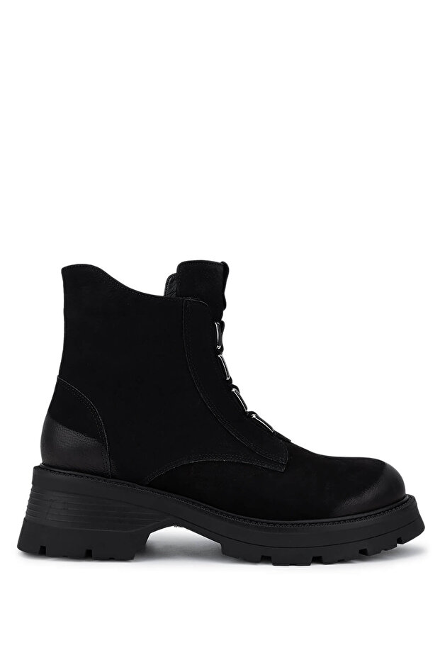 Women's Genuine Leather Black Nubuck Heeled Boots