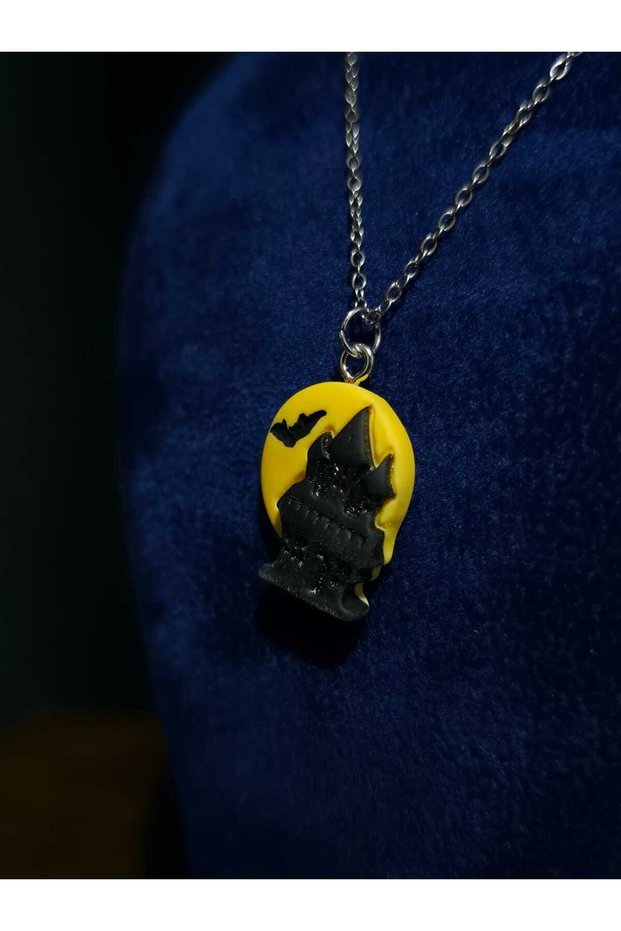 Castle and Bat Pendant Steel Chain Halloween Halloween Themed Necklace Jewelry Women Accessory