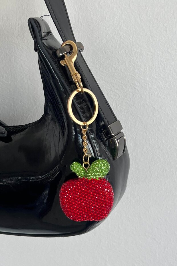 Gold Color Apple Figured Red Stone Detailed Bag Charm/ Keychain