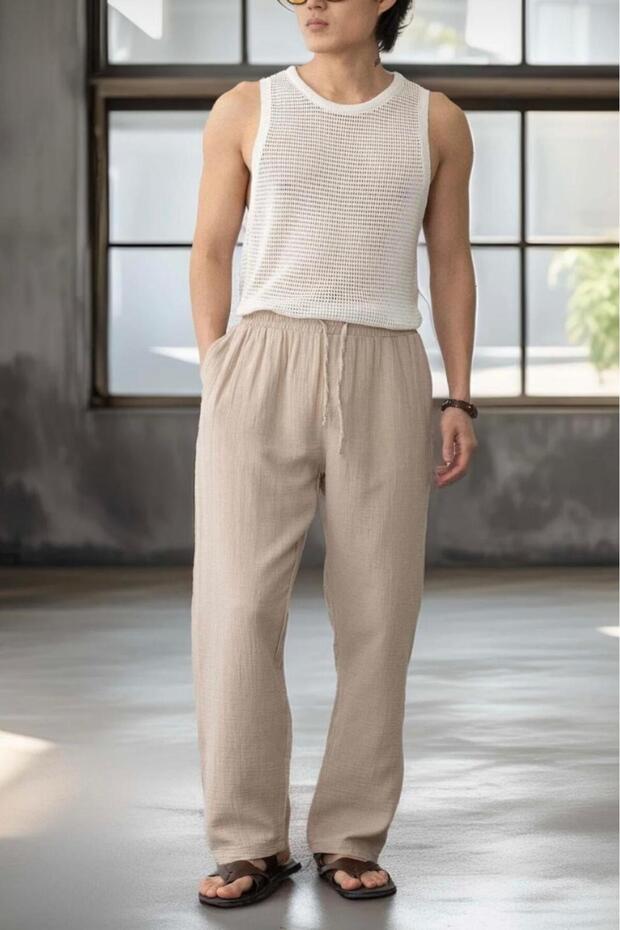 Men's Beige Linen Muslin Wide Leg Trousers