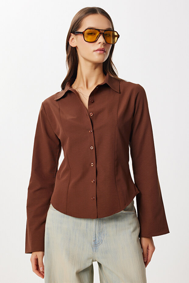 Bell Sleeve Bodycon Woven Shirt Lub0300 Brown