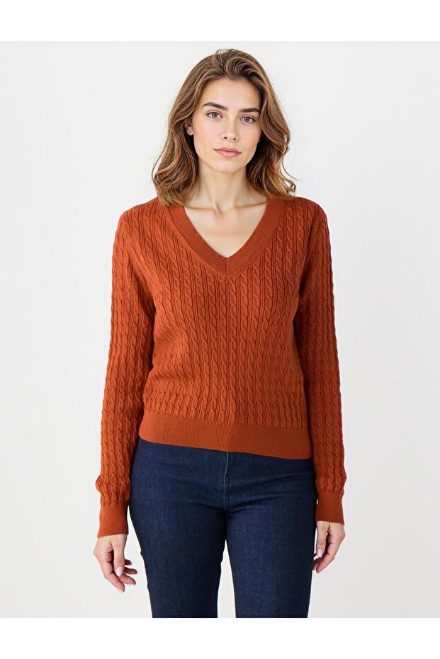 Kıremıt V Yaka Saç Örgü Desenli Triko Kazak - 1