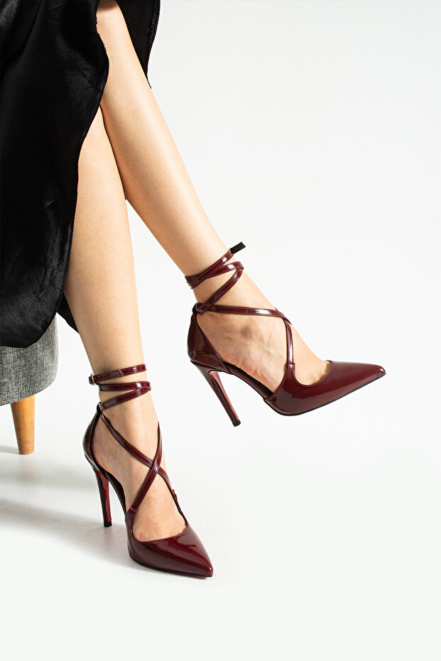 Bordo Rugan Bilekten Bağlamalı Sivri Burun Yüksek İnce Topuklu Kadın Stiletto Ayakkabı - 1