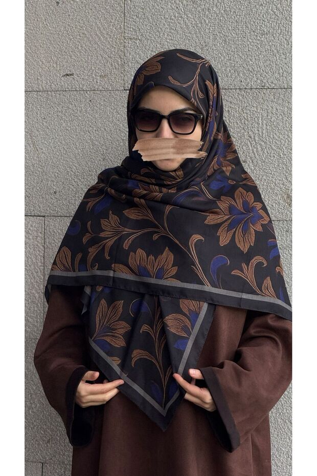 Cotton Leaf Pattern Scarf - Black - Purple Navy