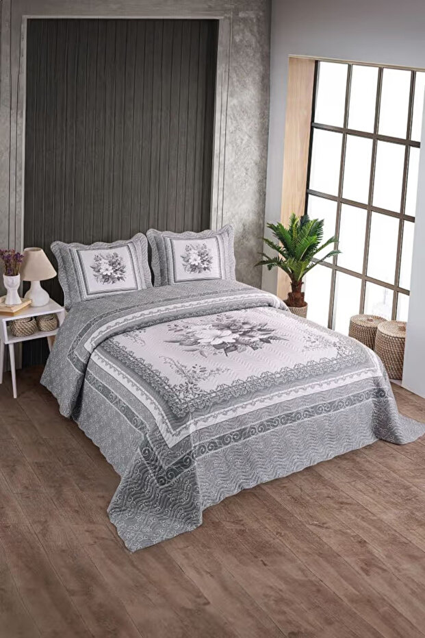 Çift Kişilik Kapitone Yatak Örtüsü, Klasik Desenli Model - Beste Gri (250 X 260cm) - 1