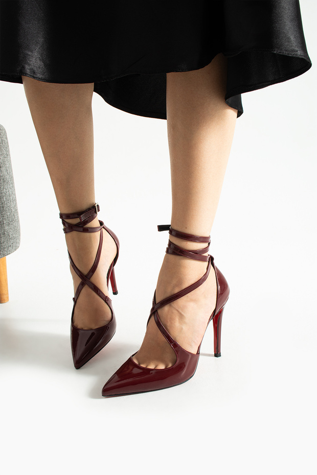 Bordo Rugan Bilekten Bağlamalı Sivri Burun Yüksek İnce Topuklu Kadın Stiletto Ayakkabı - 5