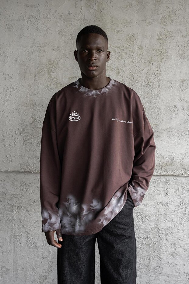 Printed And Hand Made Effected Long Sleeve Tee Oak Coffe - 1