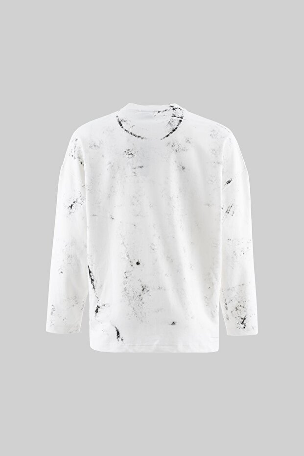 Splatter Effect and Printed Long Sleeve Tee Ecru - 3