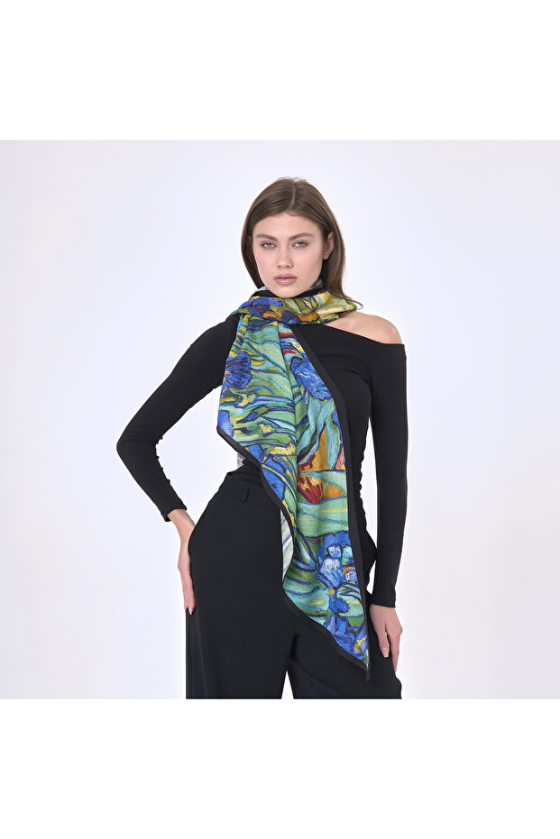 Green Patterned Large Wool Silk Shawl - 3